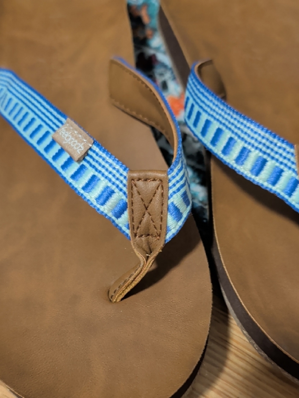 9. Feelgoodz Brown Leather Flip Flops with Blue Patterned Straps - Picture 3 of 8